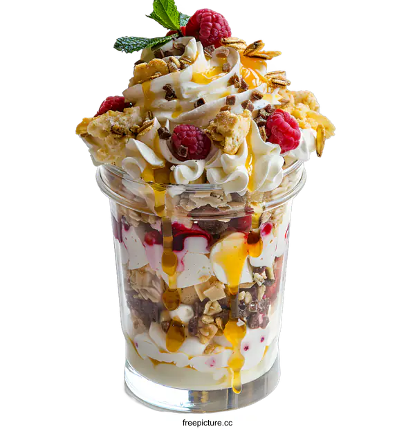 [Transparent Background PNG]A parfait with raspberries, cream, and granola