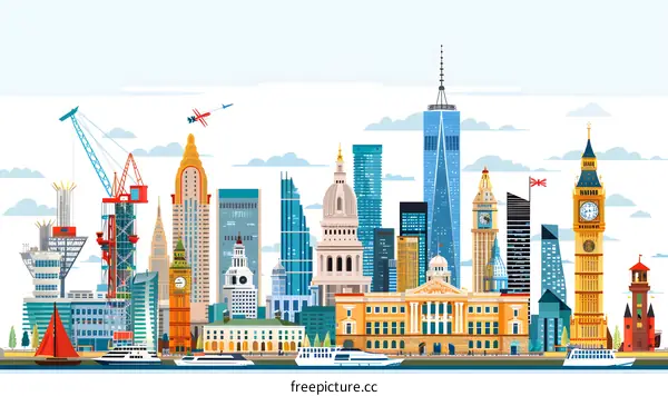 Famous Landmarks Of London And New York City Skyline Illustration