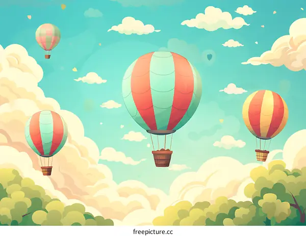 Cartoon Hot Air Balloons Floating In Sky