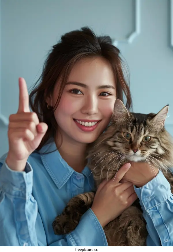 A woman is holding a cat and smiling at the camera