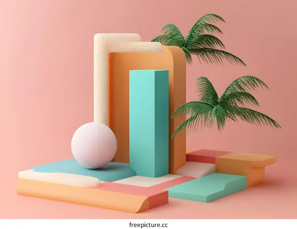 3D Abstract Minimalist  Background with Palm Trees and Geometric Shapes