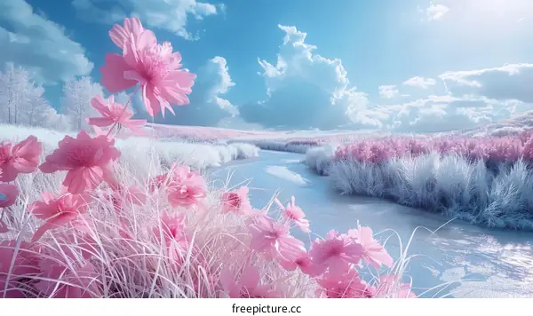 Beautiful winter landscape with a pink flower field and a river running through it