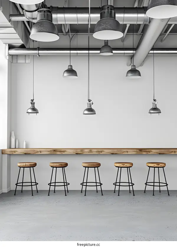Industrial Interior Design with Bar Stools and Pendant Lights