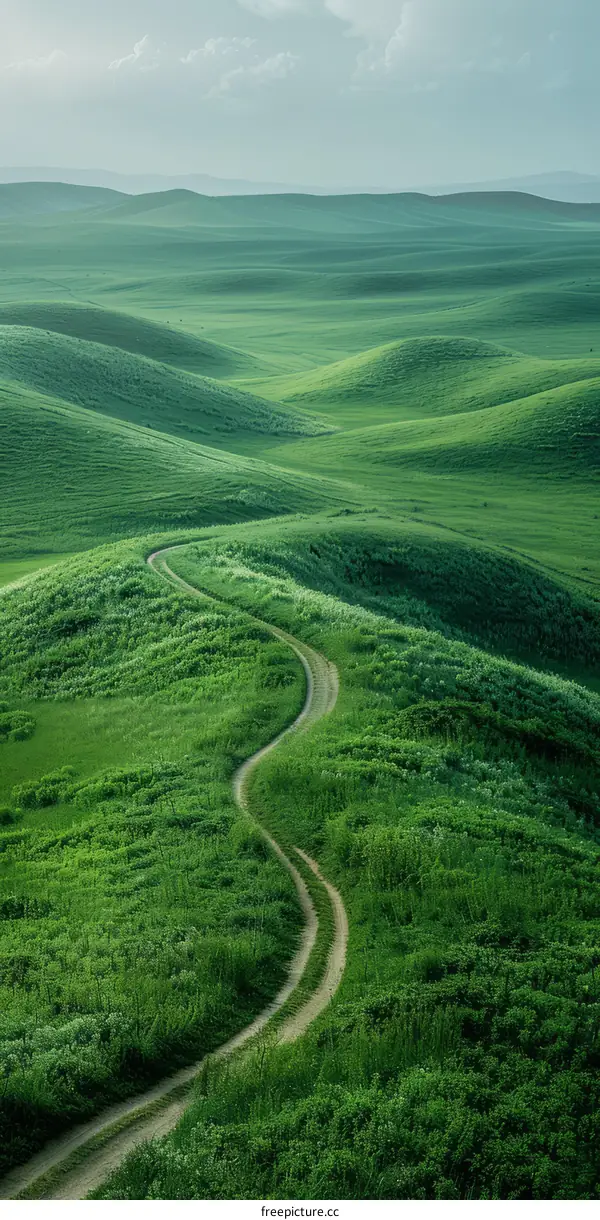 Curving Dirt Road Through Green Grassy Hills