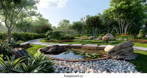 Courtyard with a pond and a stone path