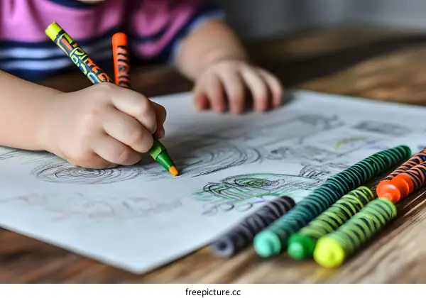 Child Drawing With Crayons On Paper