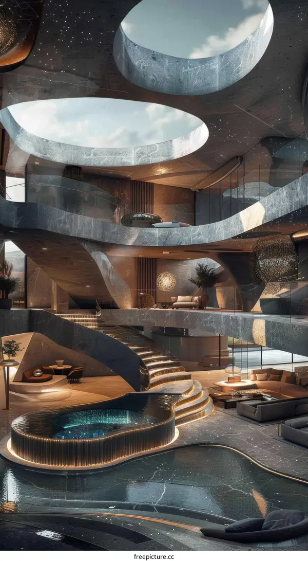 Modern Luxurious Open Plan Home Interior with Pool and Skylights