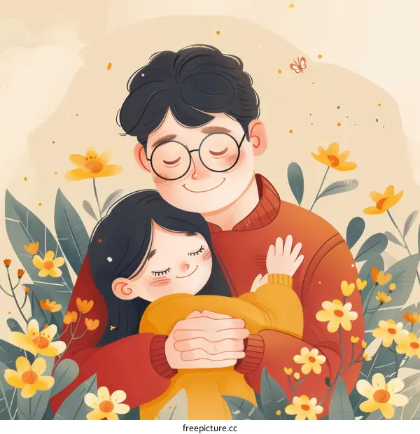 Happy Family Illustration of a Father and Daughter Embracing in a Field of Flowers