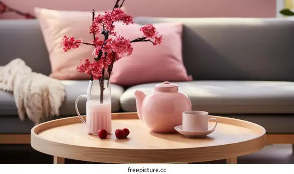 Elegant Pink Living Room Interior with Flowers, Teapot, and Cup on Wooden Table