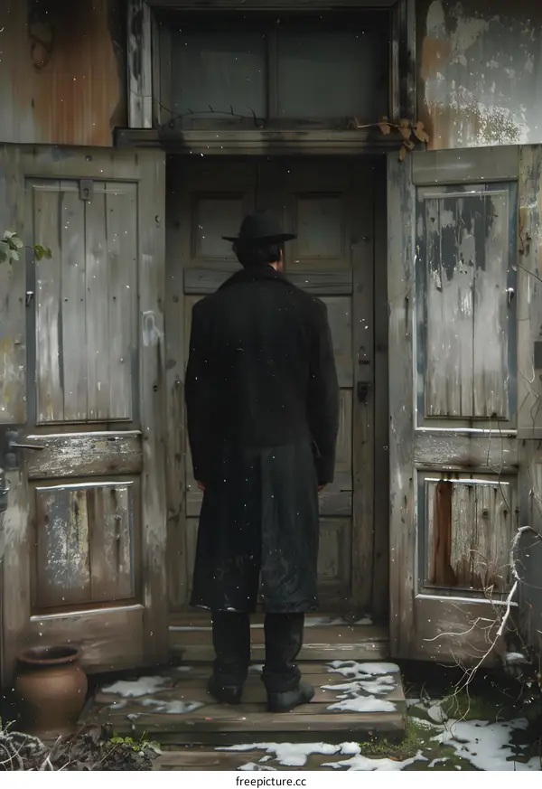 Man in black coat and hat standing in front of a wooden door