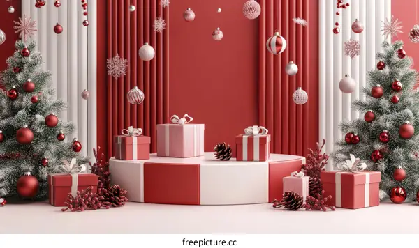 Christmas Festive Scene with Decorated Trees and Gifts