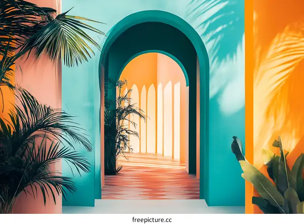 Tropical  Archway  with  Colorful  Walls  and  Palm  Trees