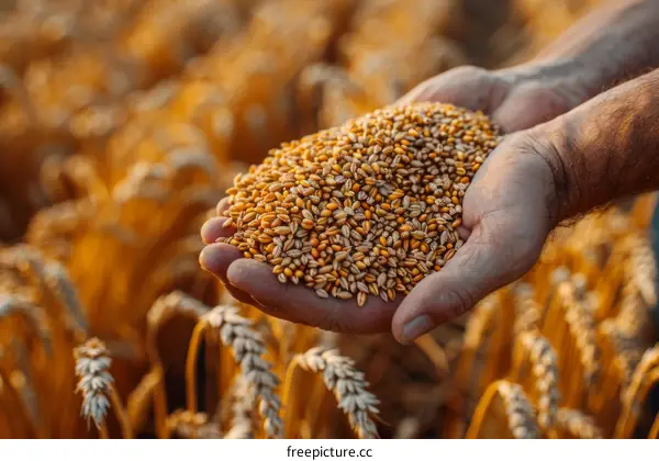 A farmer's hand holding a handful of wheat grains in a wheat field during harvest
