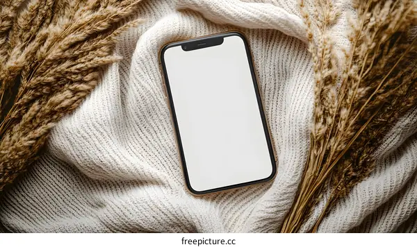 Blank Screen Smartphone On Knitted Fabric With Dried Grass