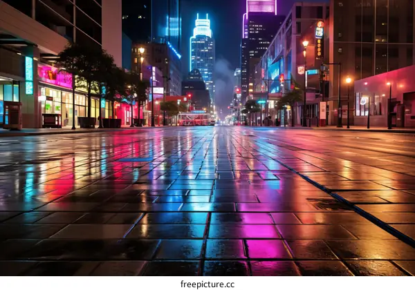 City street at night with colorful lights reflecting off the wet pavement