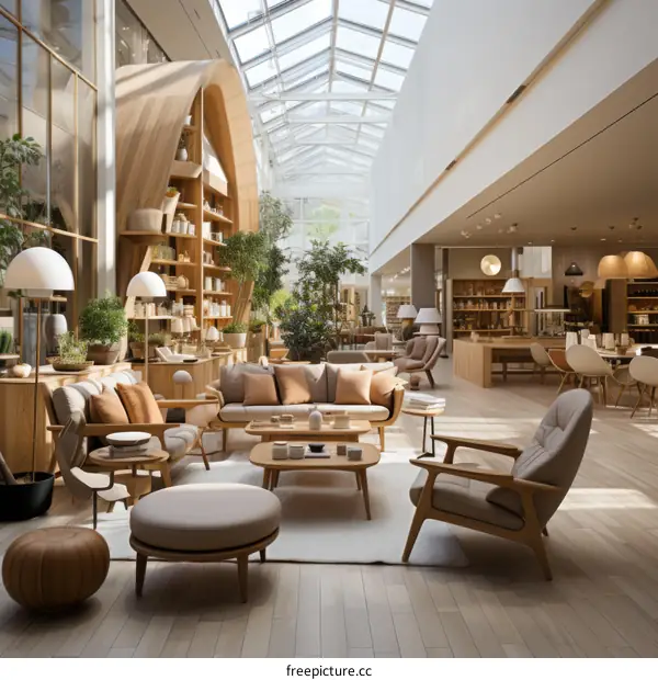 Modern Living Room with Curved Wooden Bookshelf and Cozy Seating