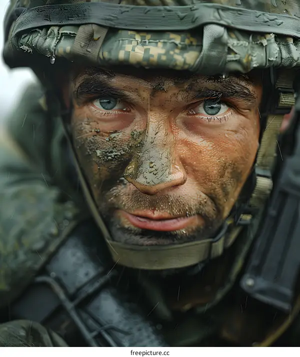 Portrait of a soldier with camouflage on his face