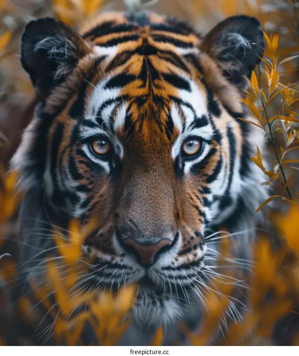 Close up of a tiger's face with yellow leaves in the background
