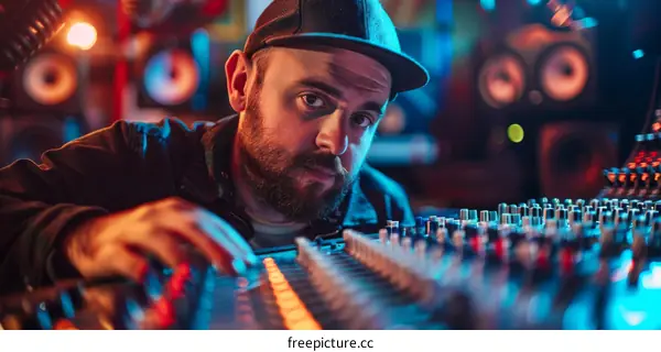 Bearded man in a black cap认真的看着调音台