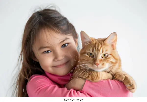 Little Asian girl hugging a ginger cat