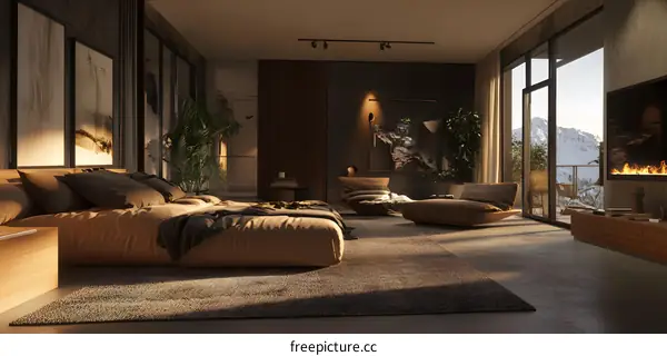 Modern Bedroom Interior Design with Mountain View