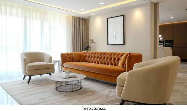 Modern Living Room Interior Design with Velvet Sofa and Armchairs