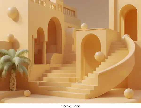 Minimalist 3D Render of a Yellow Building with Palm Tree and Stairs