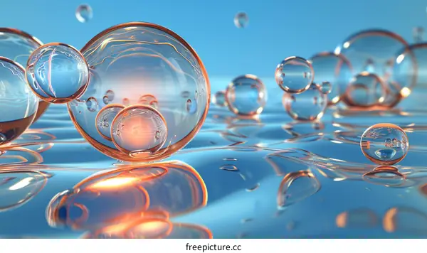 3D illustration of floating bubbles of different sizes on a blue liquid surface