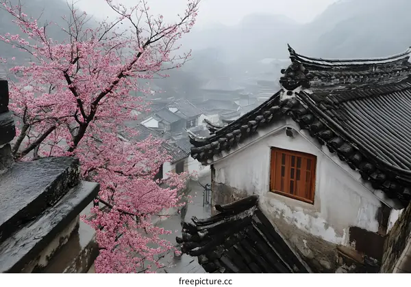 Pink Cherry Blossom Tree Overlooking a Traditional Chinese Village