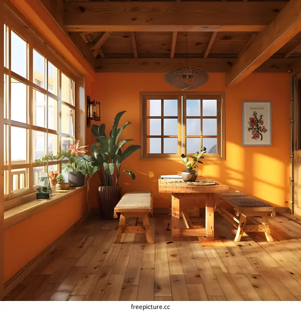 A cozy living room with a dining table and a large plant