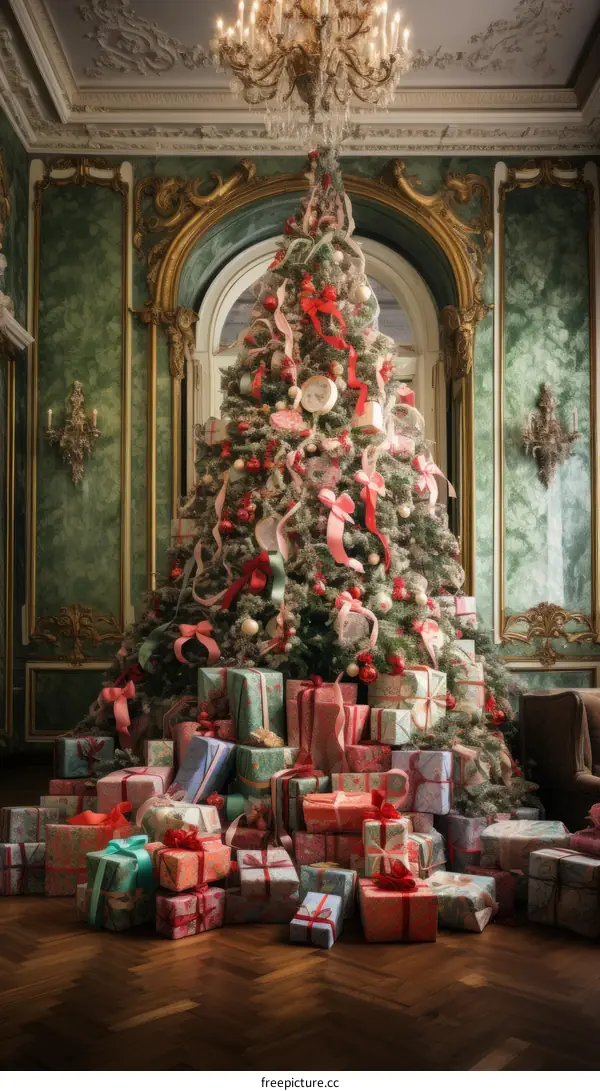 A Christmas tree adorned with festive decorations stands in a grand hall