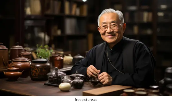 Portrait of a smiling elderly Chinese man in a traditional setting
