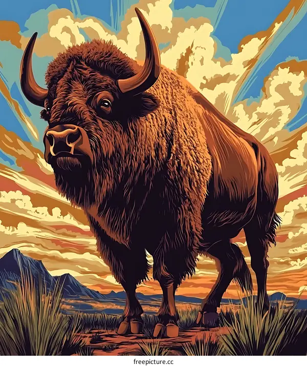 Bison Standing in Front of a Sunset Landscape