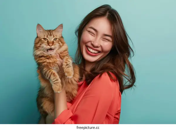 A woman is holding a cat and smiling