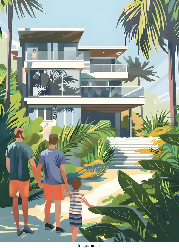 Family Walking Towards Modern Home in Lush Tropical Garden