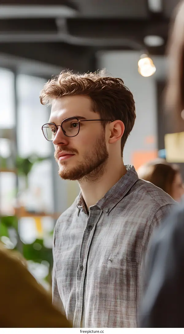 Young Man with Glasses Looking Away While Wearing Plaid Shirt