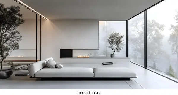 Modern Minimalist Living Room Interior Design With Fireplace and Large Window