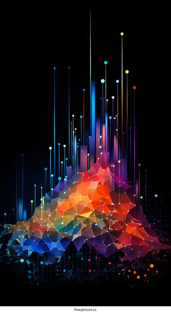 3D rendering of a mountain of colorful polygonal shapes with a dark background