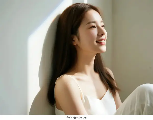 A Young Woman with Long Dark Hair Smiling Indoors