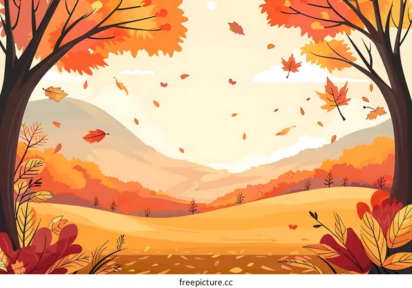 Autumn Landscape With Falling Leaves Illustration