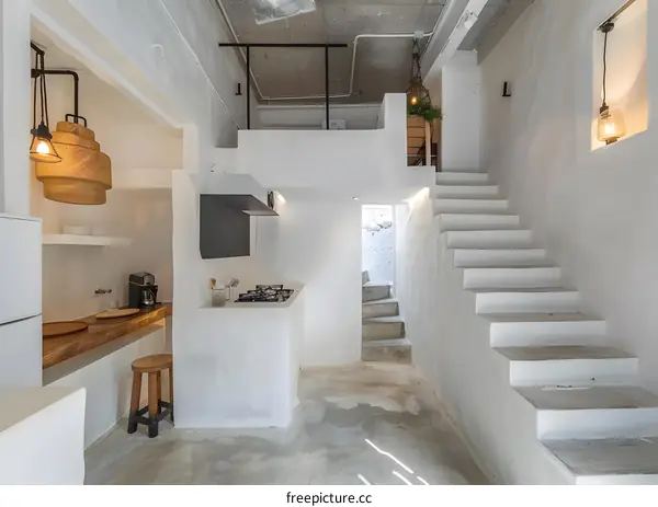 White Modern Minimalist Kitchen and Staircase Interior Design