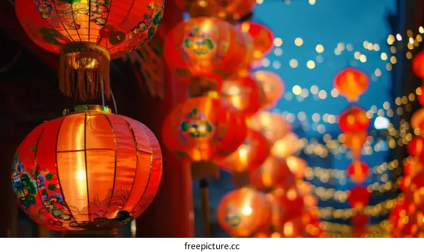 Red paper lanterns hanging in a street during a Chinese festival
