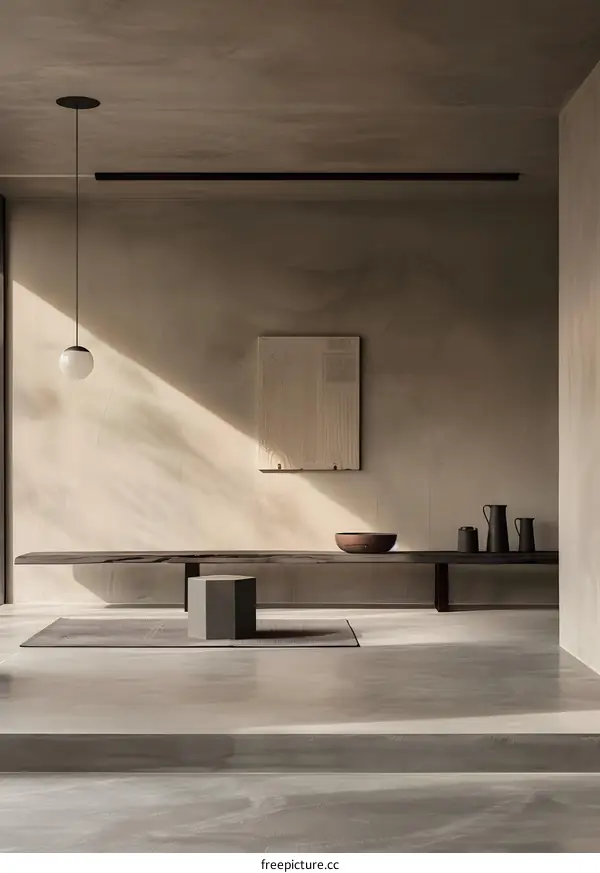 Minimalist Interior Design with Wooden Bench and Hanging Lamp