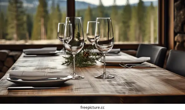 Rustic Dining Room with Forest Views and Table Set for Four