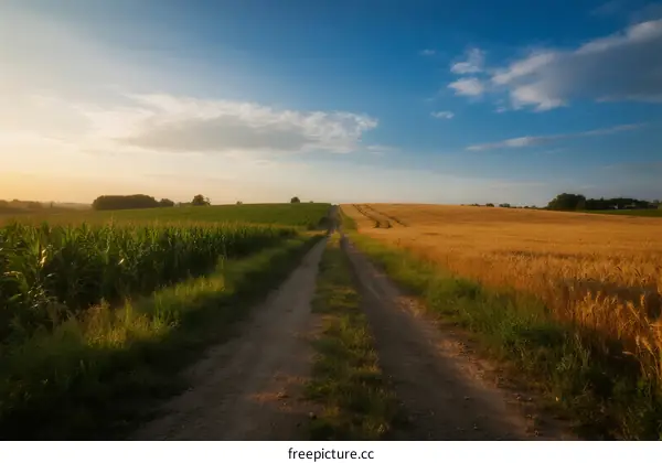 A scenic rural road with fields on both sides under a clear sky