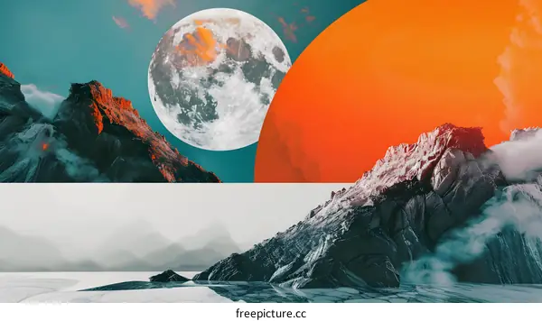 Abstract Mountain Landscape With Moon And Orange Sky