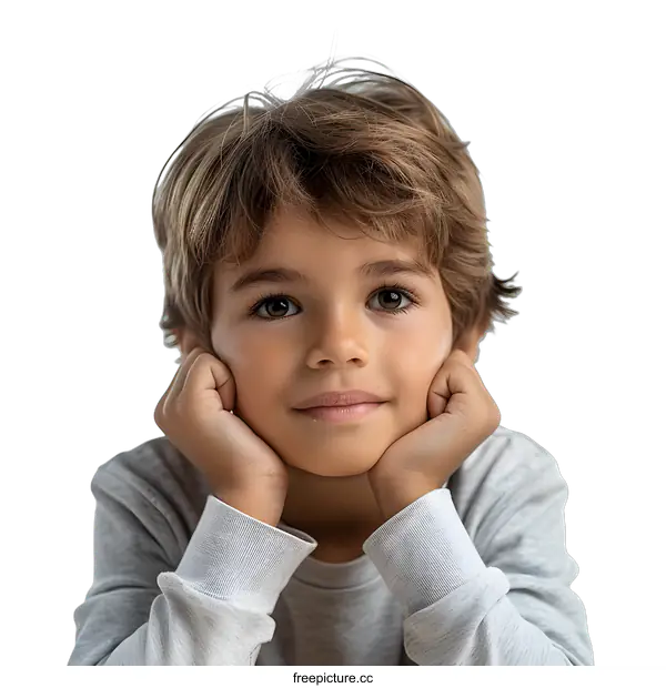 [Transparent Background PNG]Young Boy with Hands on Chin