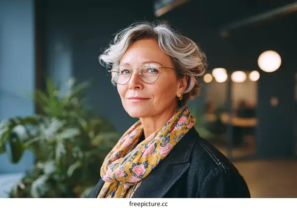 Mature woman with short gray hair wearing glasses and a floral scarf