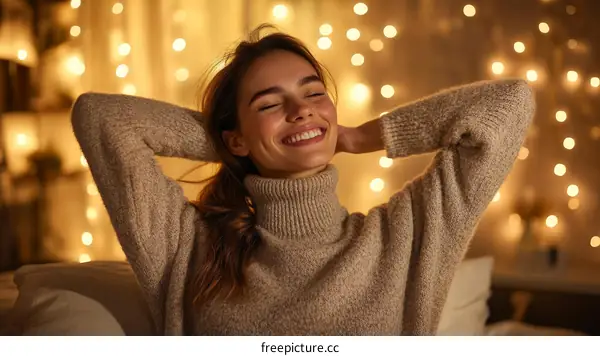 Woman Relaxing in Cozy Interior with Warm Lights