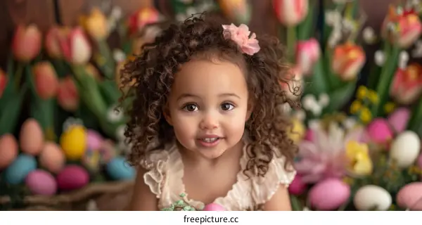 Toddler girl with curly hair wearing a pink dress sitting in a field of flowers